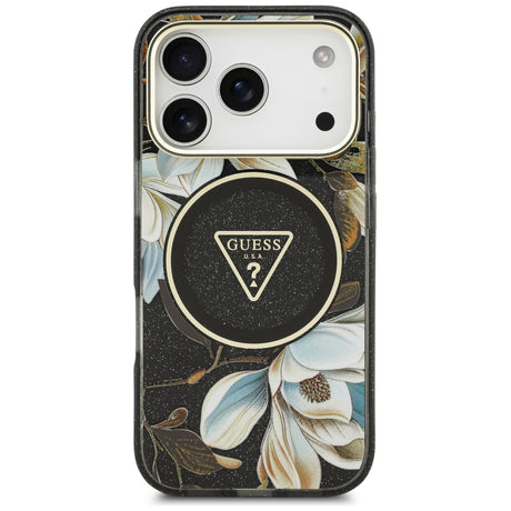 Husa de protectie Guess IML Glitter Flowers Triangle compatibil cu iPhone 18 Pro, Negru