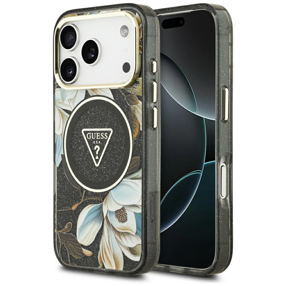 Husa de protectie Guess IML Glitter Flowers Triangle compatibil cu iPhone 18 Pro, Negru