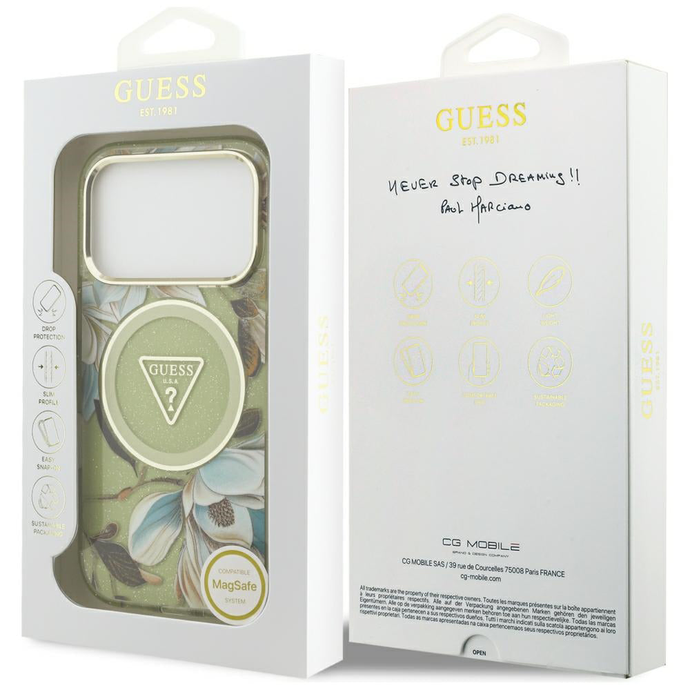 Husa de protectie Guess IML Glitter Flowers Triangle compatibil cu iPhone 18 Pro / iPhone 17 Pro, Verde