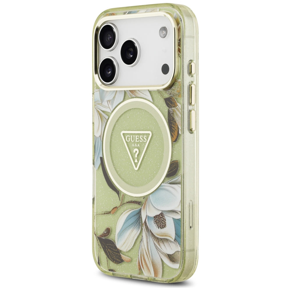 Husa de protectie Guess IML Glitter Flowers Triangle compatibil cu iPhone 18 Pro / iPhone 17 Pro, Verde