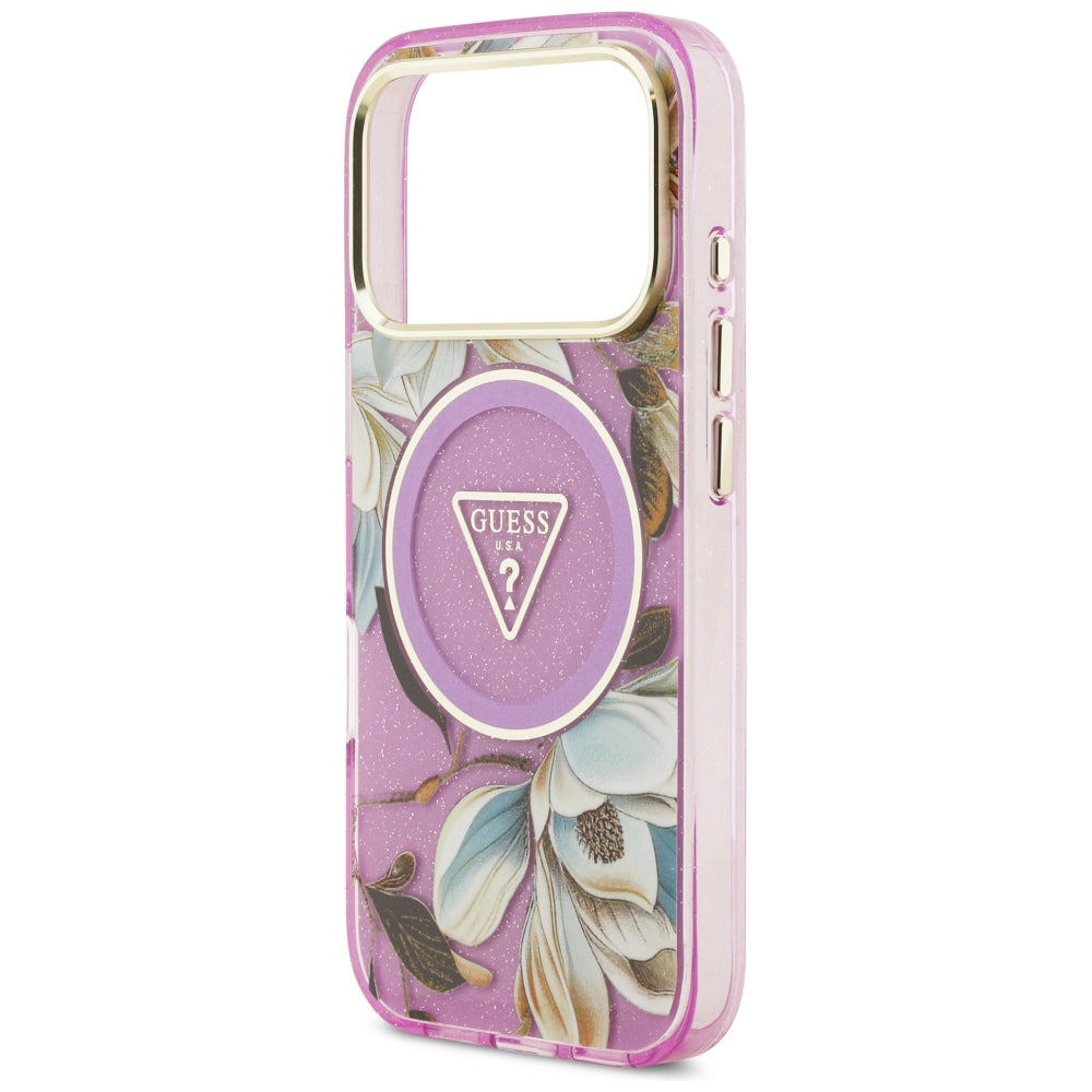 Husa de protectie Guess IML Glitter Flowers Triangle compatibil cu iPhone 18 Pro / iPhone 17 Pro, Mov