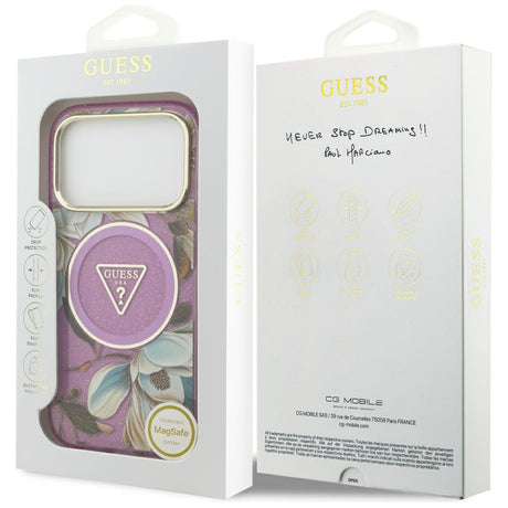 Husa de protectie Guess IML Glitter Flowers Triangle compatibil cu iPhone 18 Pro / iPhone 17 Pro, Mov