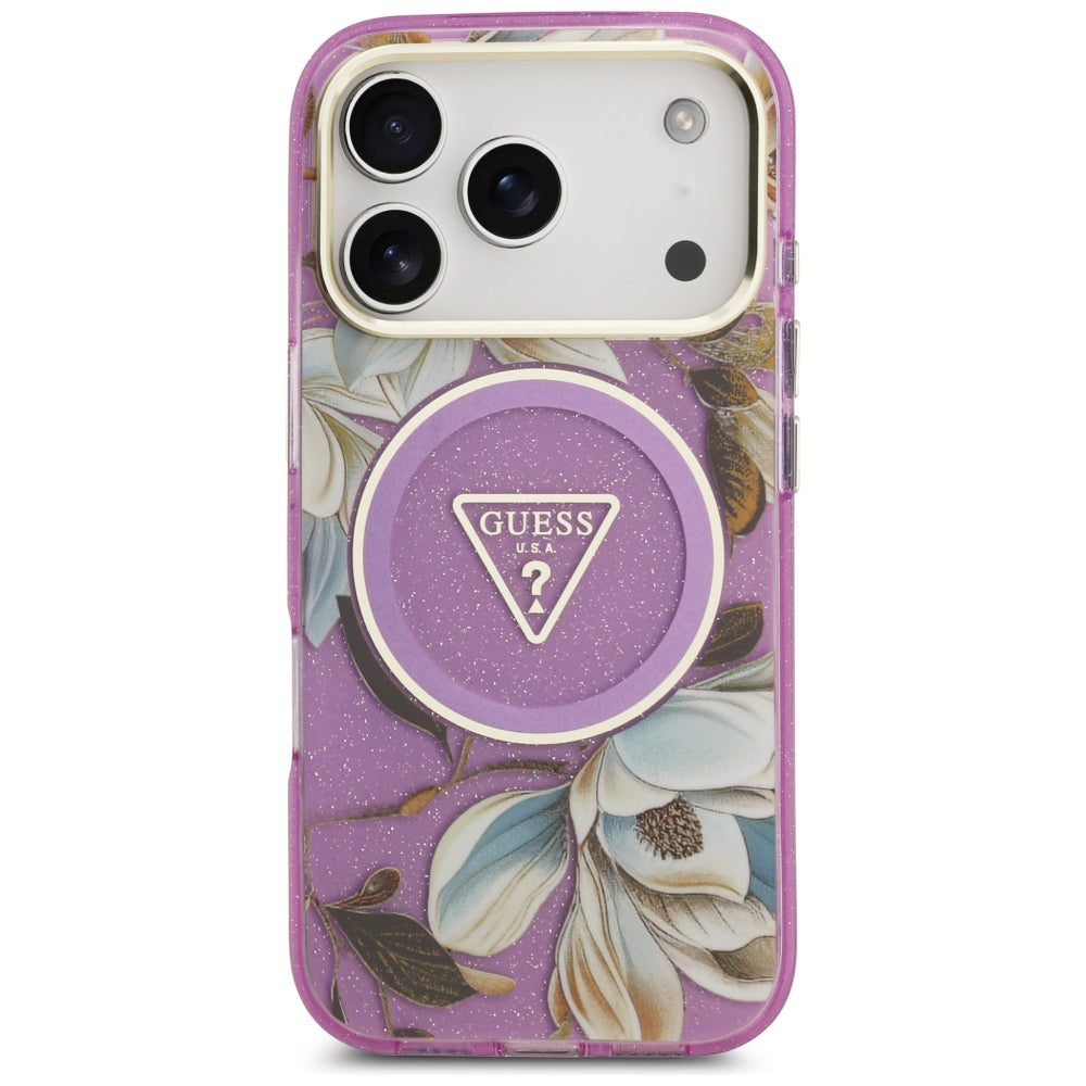 Husa de protectie Guess IML Glitter Flowers Triangle compatibil cu iPhone 18 Pro / iPhone 17 Pro, Mov