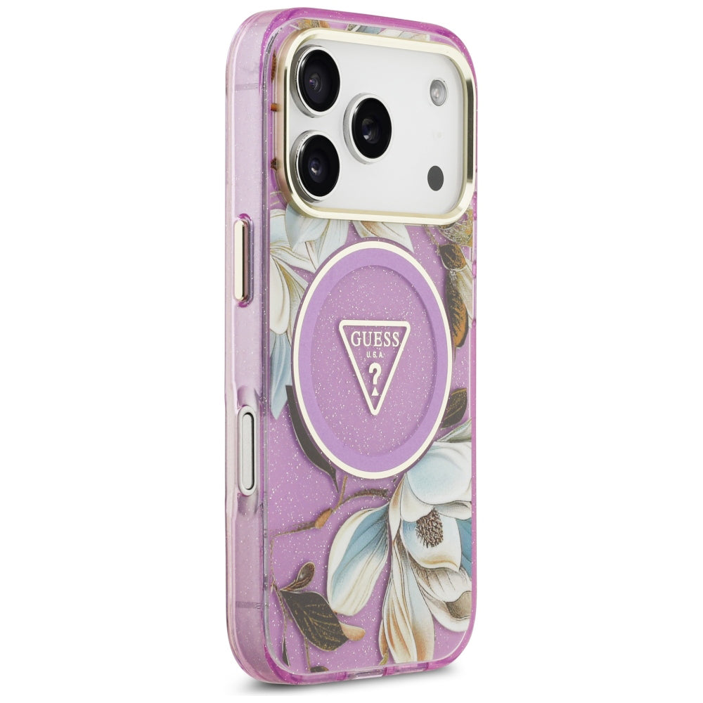 Husa de protectie Guess IML Glitter Flowers Triangle compatibil cu iPhone 18 Pro / iPhone 17 Pro, Mov