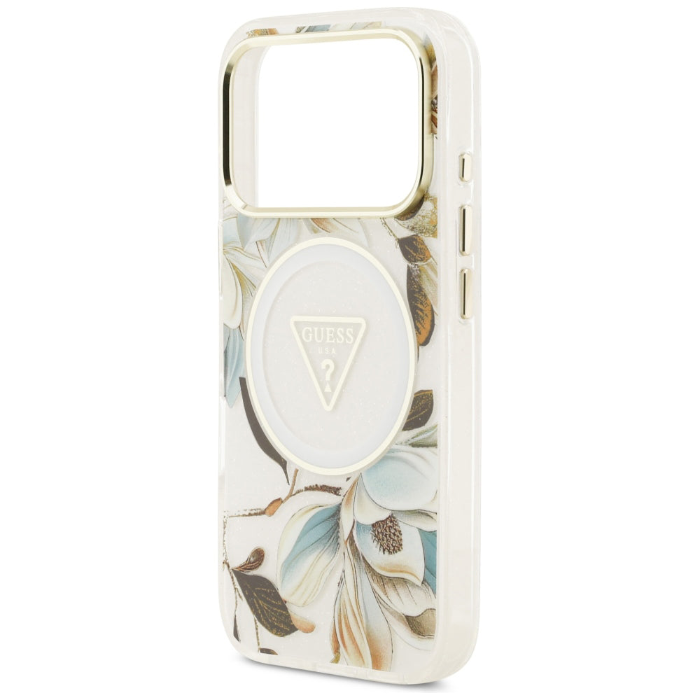 Husa de protectie Guess IML Glitter Flowers Triangle compatibil cu iPhone 18 Pro / iPhone 17 Pro, Alb