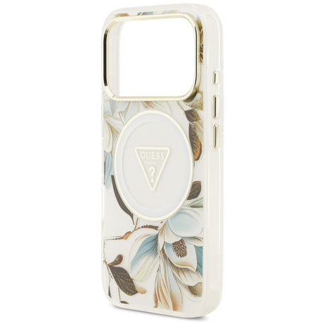 Husa de protectie Guess IML Glitter Flowers Triangle compatibil cu iPhone 18 Pro / iPhone 17 Pro, Alb