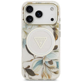 Husa de protectie Guess IML Glitter Flowers Triangle compatibil cu iPhone 18 Pro / iPhone 17 Pro, Alb