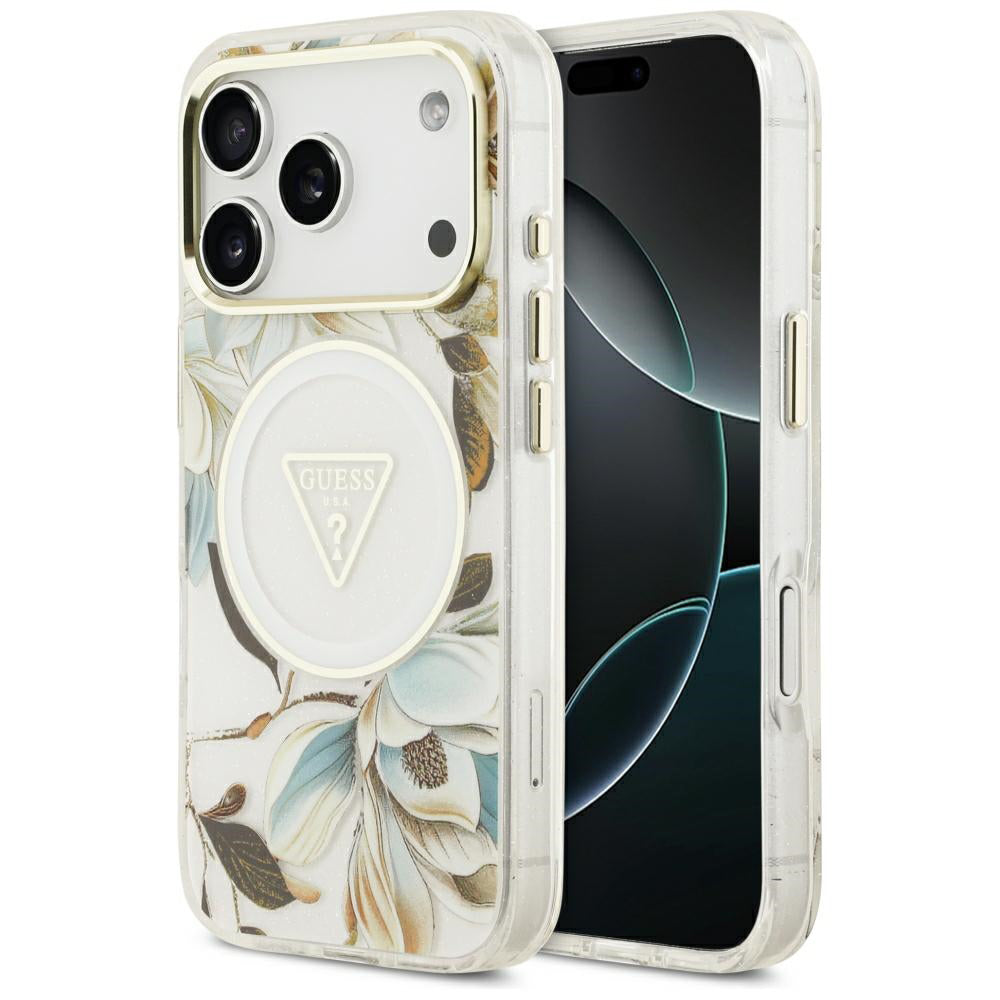 Husa de protectie Guess IML Glitter Flowers Triangle compatibil cu iPhone 18 Pro / iPhone 17 Pro, Alb