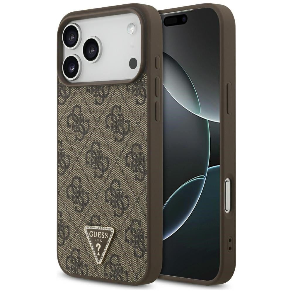 Husa de protectie Guess Leather 4G Triangle Strass compatibil cu iPhone 18 Pro Max / iPhone 17 Pro Max, Maro