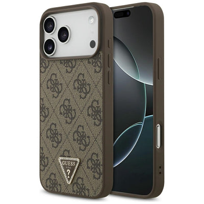 Husa de protectie Guess Leather 4G Triangle Strass compatibil cu iPhone 18 Pro Max / iPhone 17 Pro Max, Maro