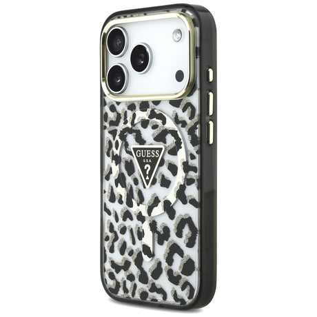 Husa de protectie Guess Leopard Glitter Triangle Logo MagSafe compatibil cu iPhone 18 Pro Max / iPhone 17 Pro Max, Negru
