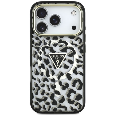 Husa de protectie Guess Leopard Glitter Triangle Logo MagSafe compatibil cu iPhone 18 Pro Max / iPhone 17 Pro Max, Negru