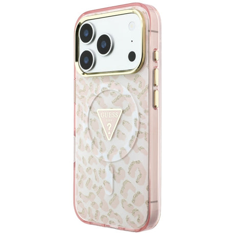 Husa de protectie Guess Leopard Glitter Triangle Logo MagSafe compatibil cu iPhone 18 Pro Max / iPhone 17 Pro Max, Roz