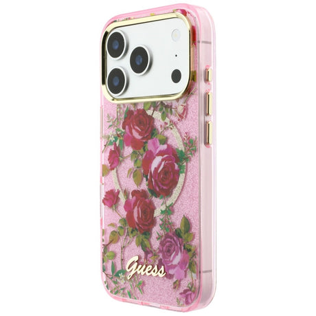 Husa de protectie Guess IML Glitter Blossom Roses compatibil cu iPhone 18 Pro / iPhone 17 Pro, Roz