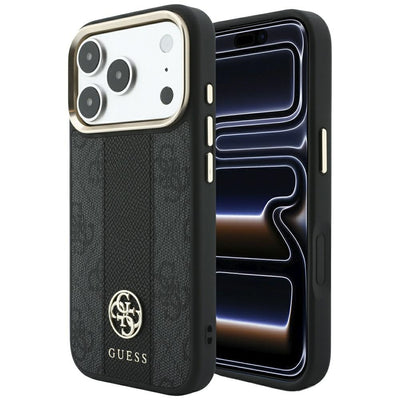 Husa de protectie Guess Leather 4G Stripe compatibil cu iPhone 17 Pro Max / iPhone 18 Pro Max, Negru