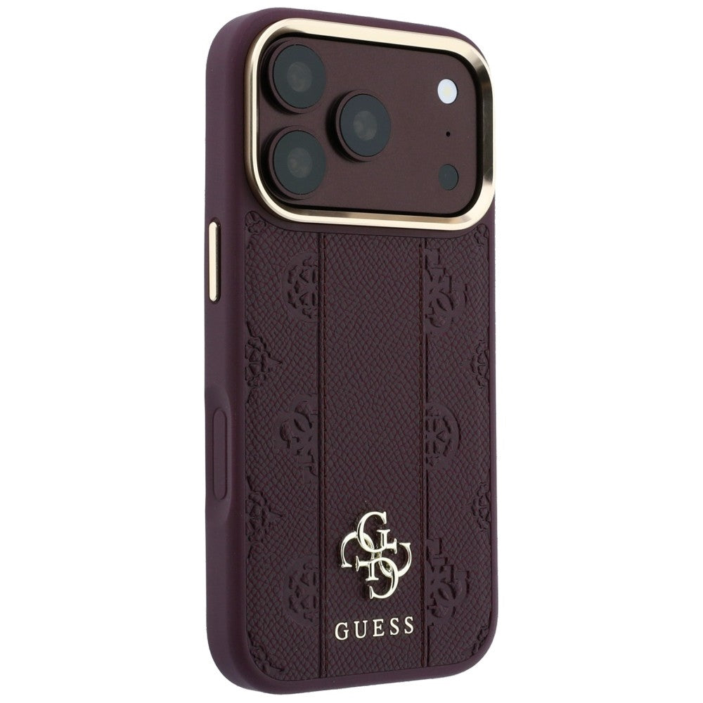 Husa de protectie Guess Leather Stripe Peony 4G MagSafe compatibil cu iPhone 18 Pro / iPhone 17 Pro, Roșu Burgundy
