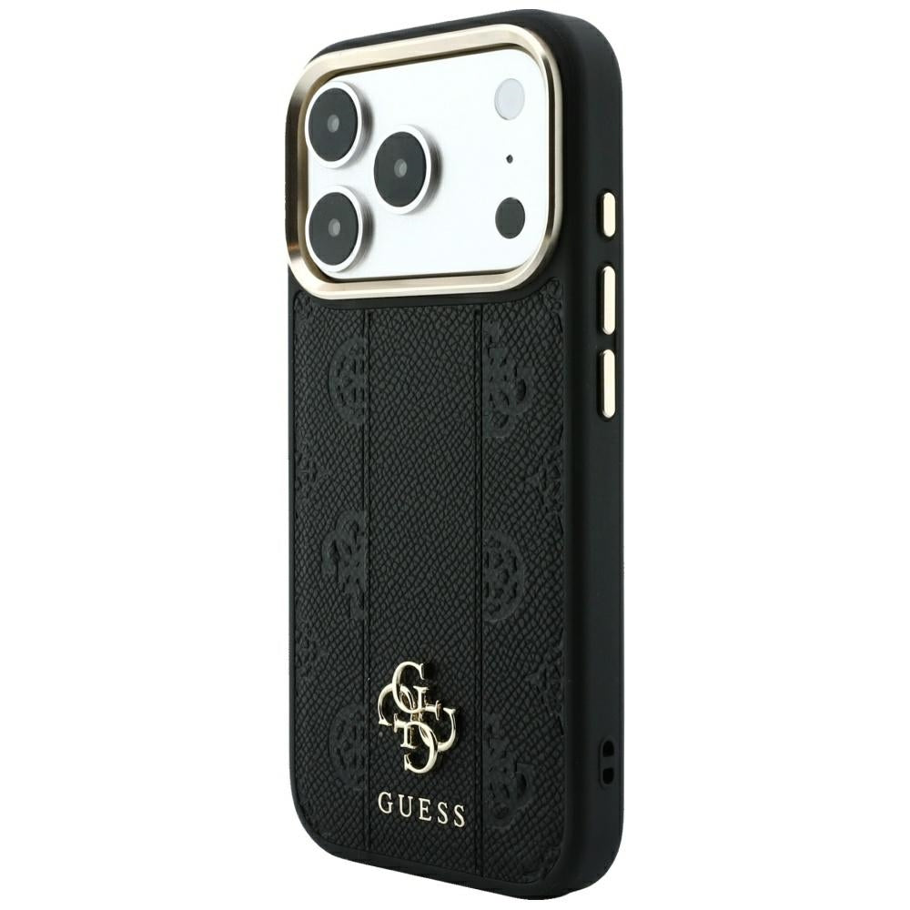 Husa de protectie Guess Leather Stripe Peony 4G compatibil cu iPhone 18 Pro Max / iPhone 17 Pro Max, Negru
