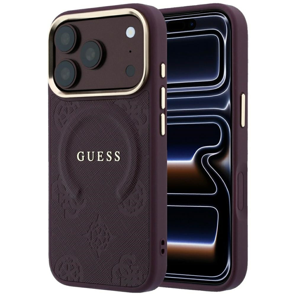 Husa de protectie Guess Saffiano Peony & Ring compatibil cu iPhone 18 Pro Max / iPhone 17 Pro Max, Bordo