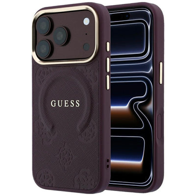 Husa de protectie Guess Saffiano Peony & Ring compatibil cu iPhone 18 Pro Max / iPhone 17 Pro Max, Bordo
