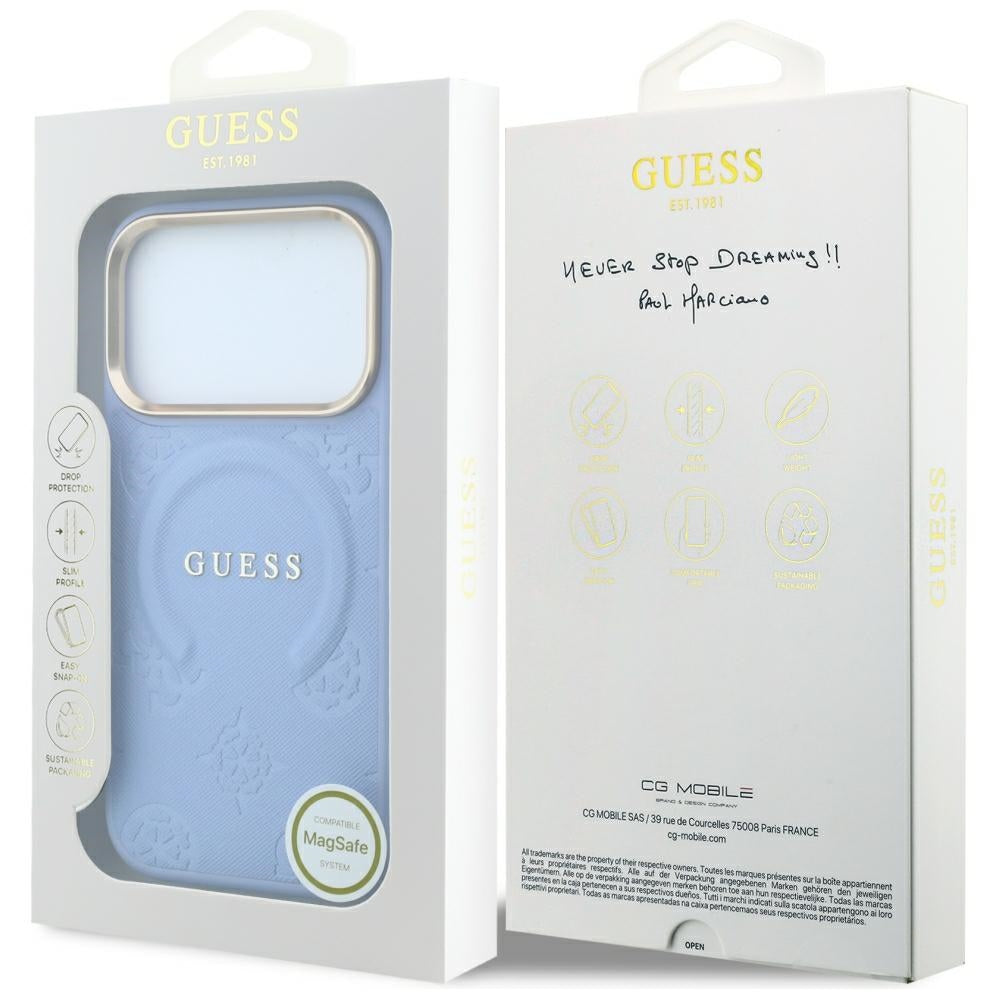 Husa de protectie Guess Saffiano Peony & Ring compatibil cu iPhone 18 Pro Max / iPhone 17 Pro Max, Albastru