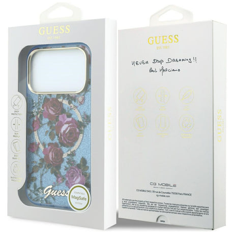 Husa de protectie Guess IML Glitter Blossom Roses compatibil cu iPhone 17 Pro Max / iPhone 18 Pro Max, Albastru