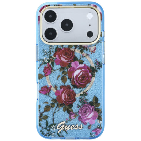 Husa de protectie Guess IML Glitter Blossom Roses compatibil cu iPhone 17 Pro Max / iPhone 18 Pro Max, Albastru