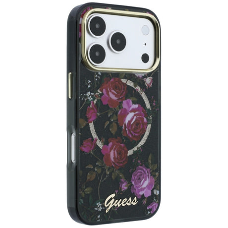 Husa de protectie Guess IML Glitter Blossom Roses compatibil cu iPhone 18 Pro / iPhone 17 Pro, Negru