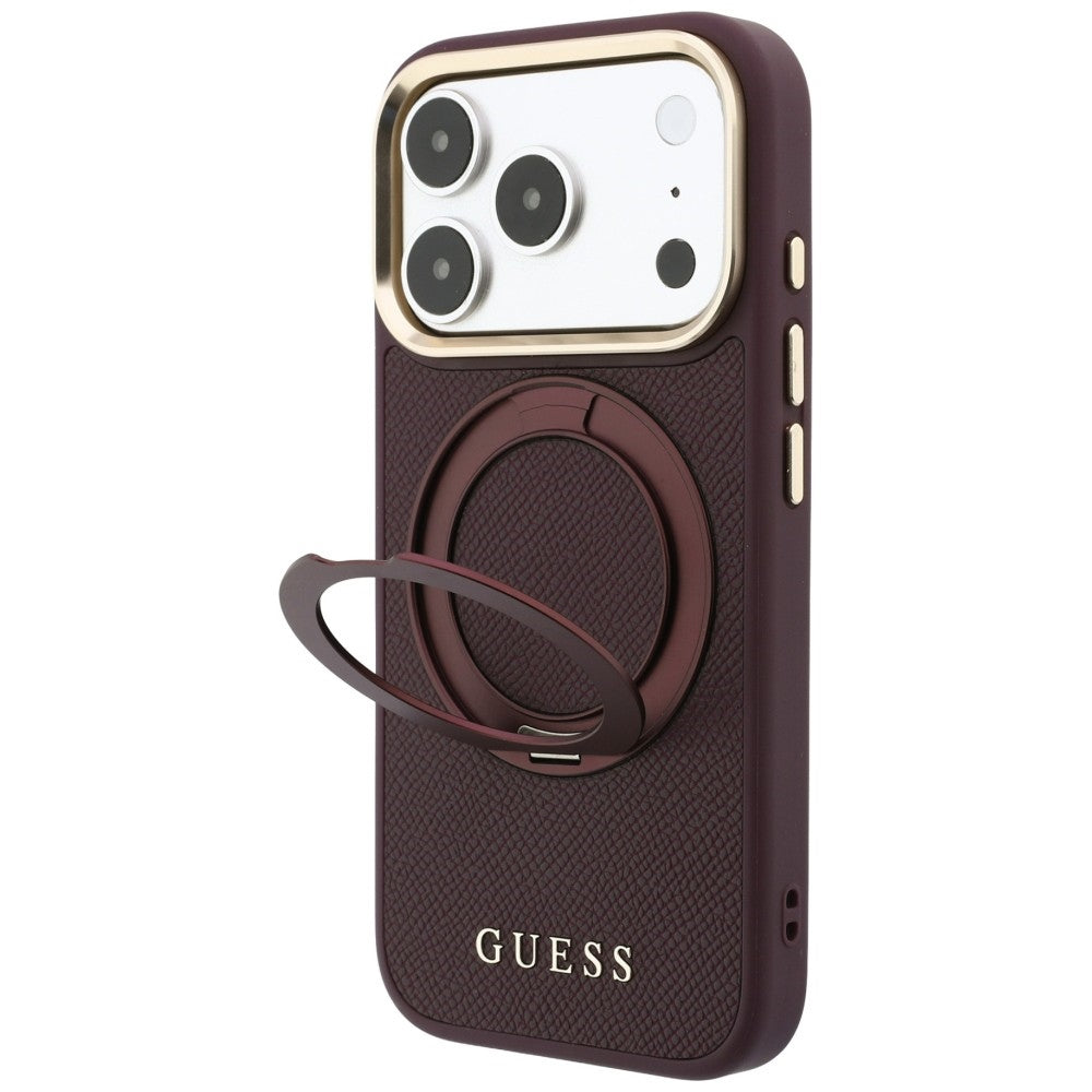Husa de protectie Guess Grained Ring MagSafe compatibil cu iPhone 17 Pro Max / iPhone 18 Pro Max, Bordo