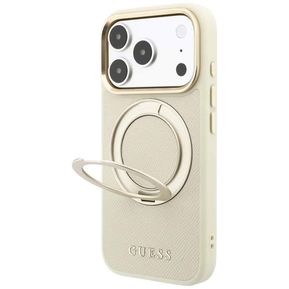 Husa de protectie Guess Grained Ring MagSafe compatibil cu iPhone 17 Pro Max / iPhone 18 Pro Max, Bej