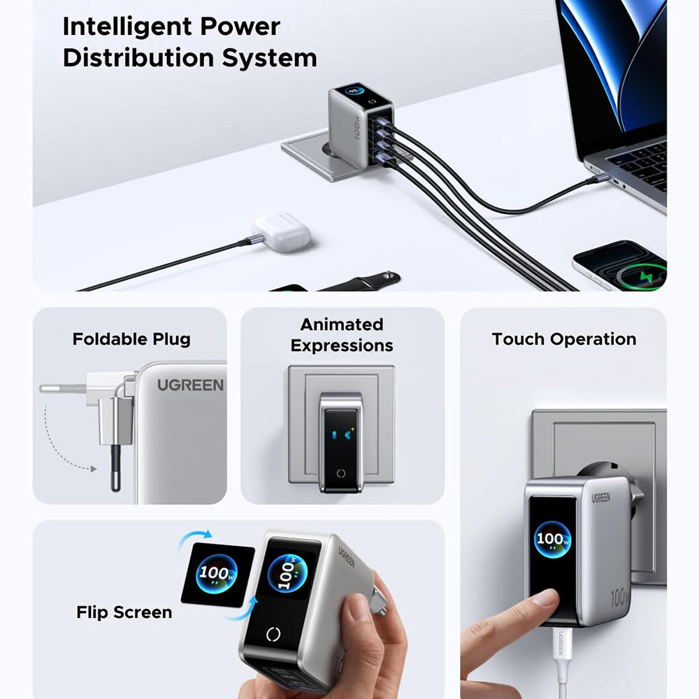 Incarcator Ugreen (95942B), 3x Type-C + USB, 100W GaN, Fast Charge, Argintiu