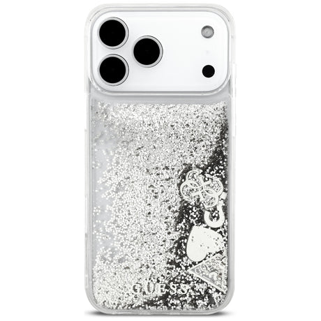 Guess Liquid Glitter Charms védőtok, iPhone 18 Pro / iPhone 17 Pro készülékekhez, ezüst színben