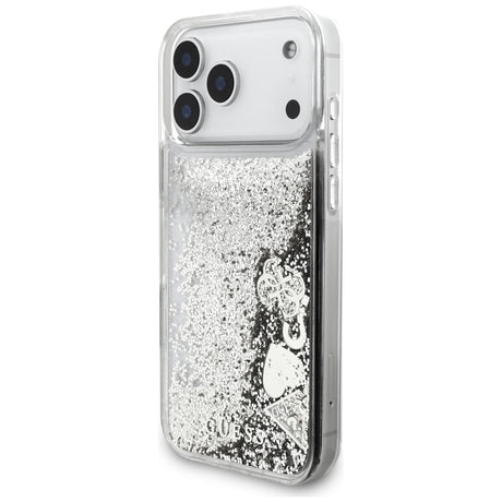 Guess Liquid Glitter Charms védőtok, iPhone 18 Pro / iPhone 17 Pro készülékekhez, ezüst színben