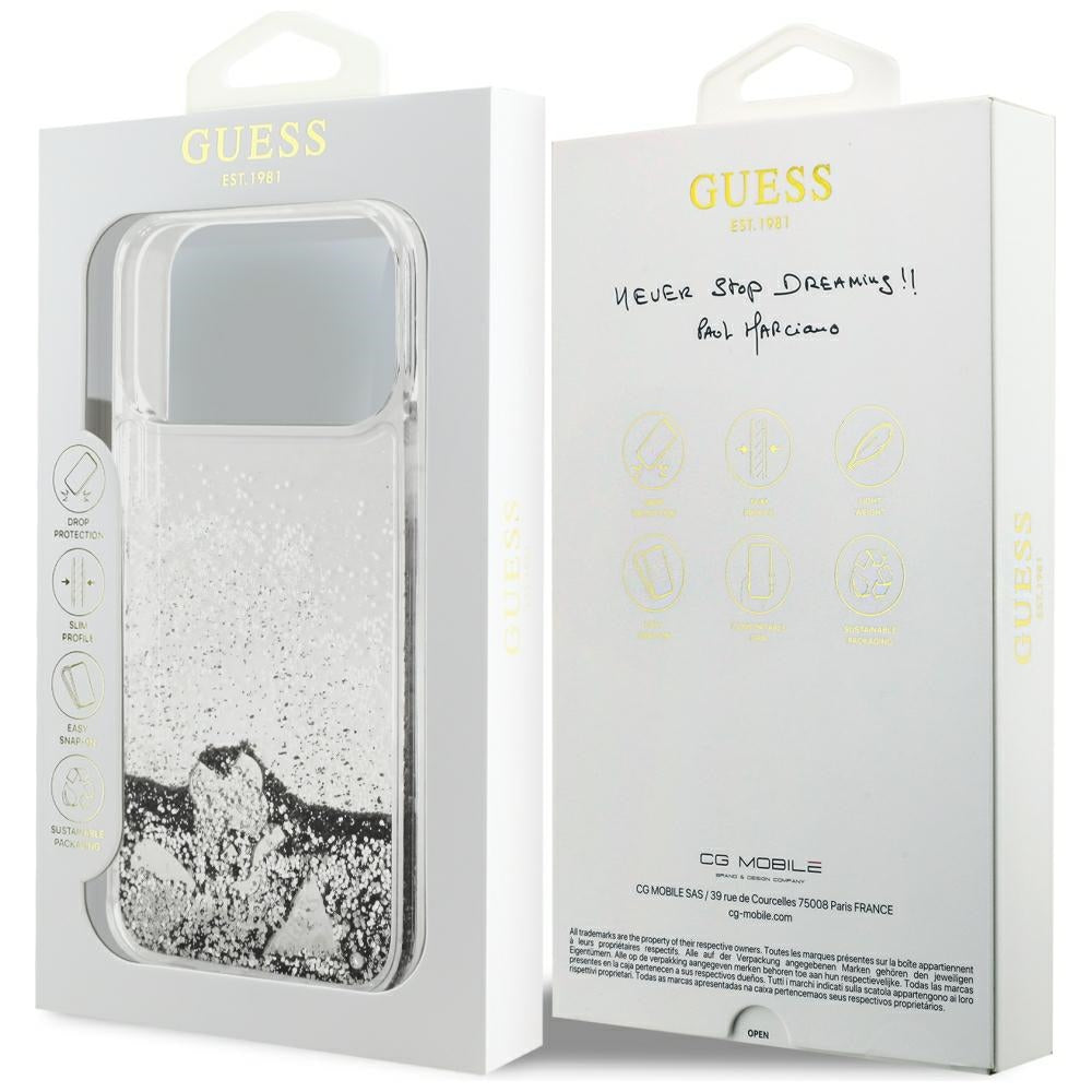 Husa de protectie Guess Liquid Glitter Charms compatibil cu iPhone 18 Pro / iPhone 17 Pro, Argintiu