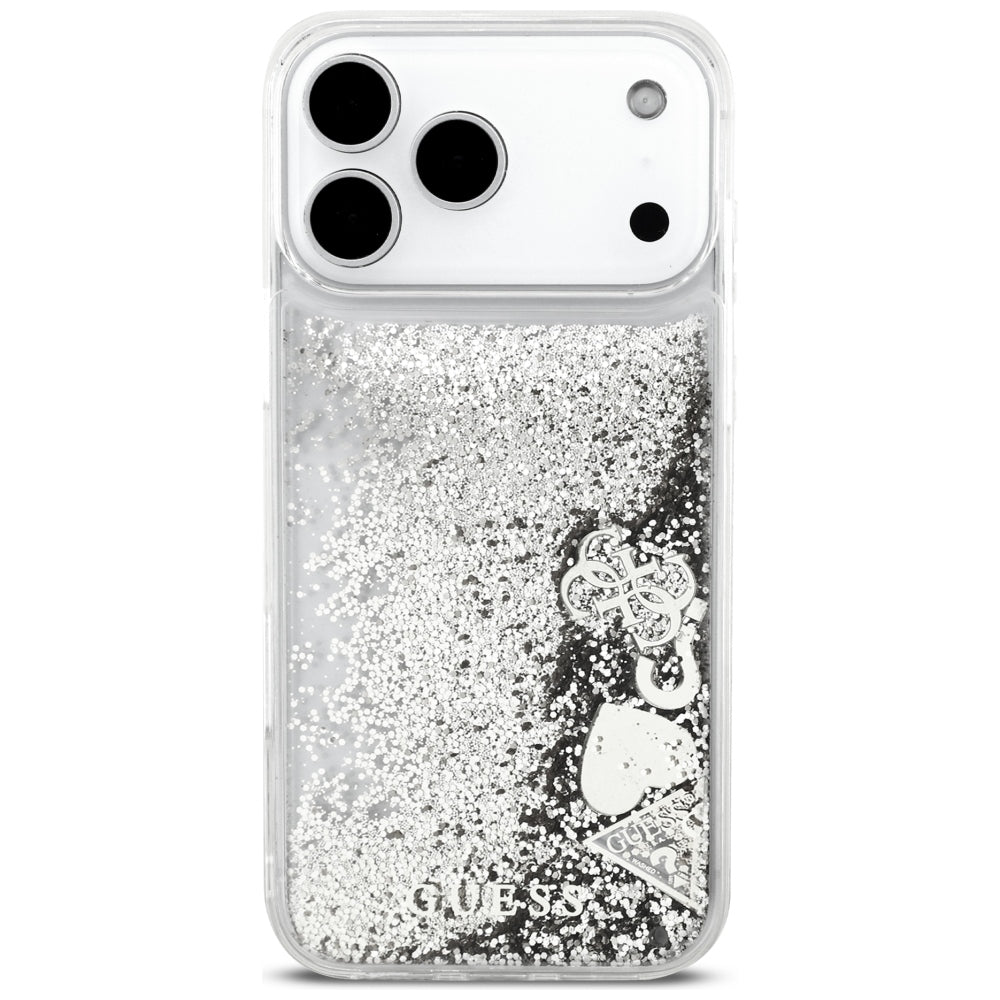 Husa de protectie Guess Liquid Glitter Charms compatibil cu iPhone 17 Pro Max / iPhone 18 Pro Max, Argintiu