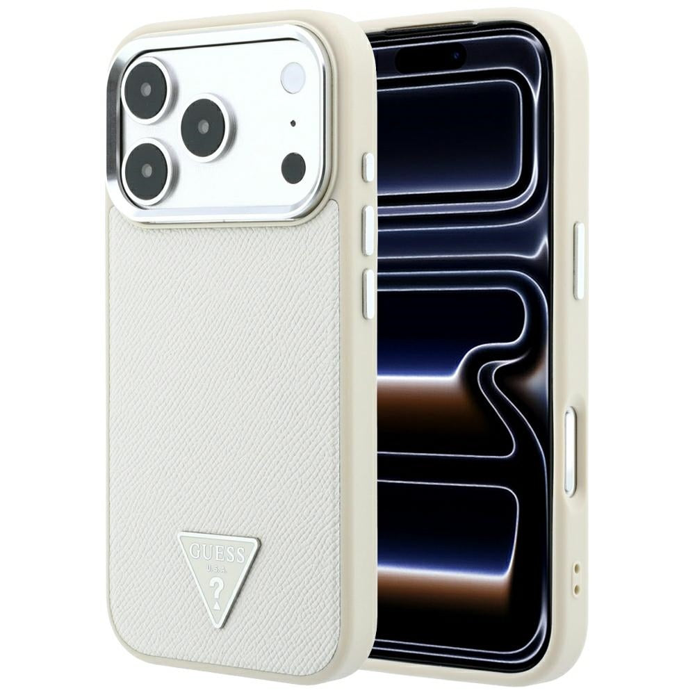 Husa de protectie Guess Grained Triangle Logo MagSafe compatibil cu iPhone 18 Pro / iPhone 17 Pro, Bej