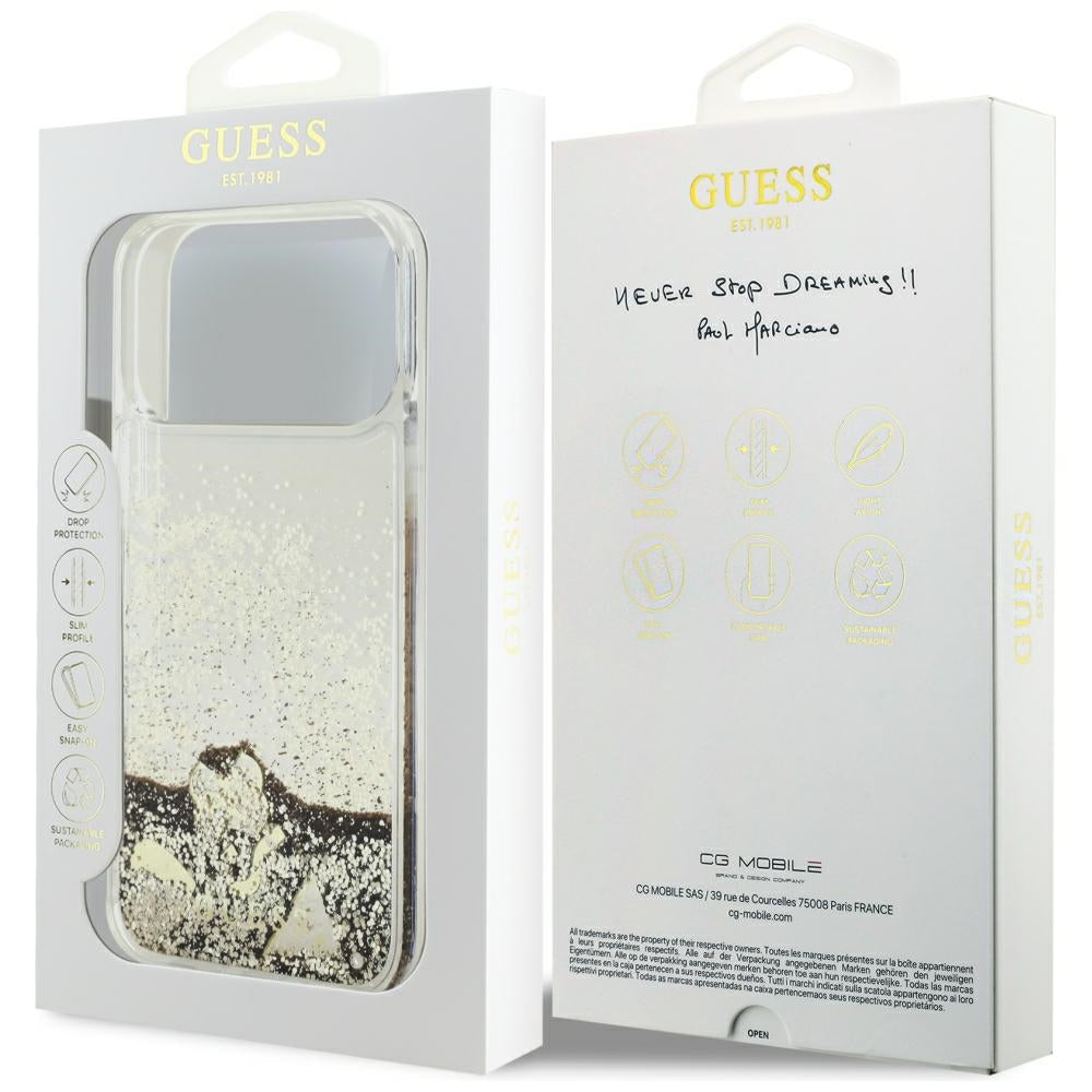 Husa de protectie Guess Liquid Glitter Charms compatibil cu iPhone 18 Pro Max / iPhone 17 Pro Max, Auriu