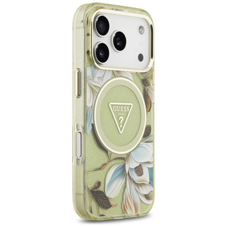 Husa de protectie Guess IML Metal Glitter Flowers Triangle compatibil cu iPhone 18 Pro Max / iPhone 17 Pro Max, Verde