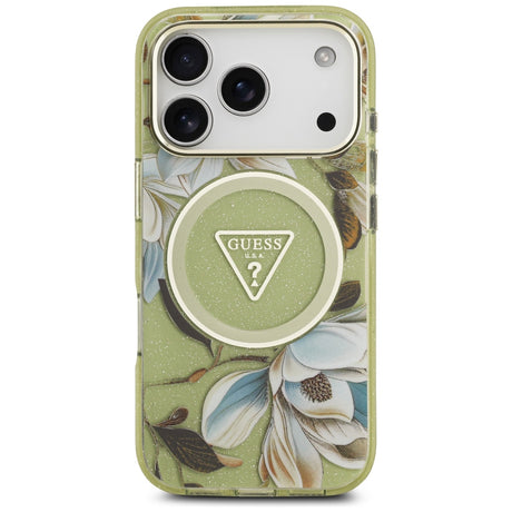 Husa de protectie Guess IML Metal Glitter Flowers Triangle compatibil cu iPhone 18 Pro Max / iPhone 17 Pro Max, Verde