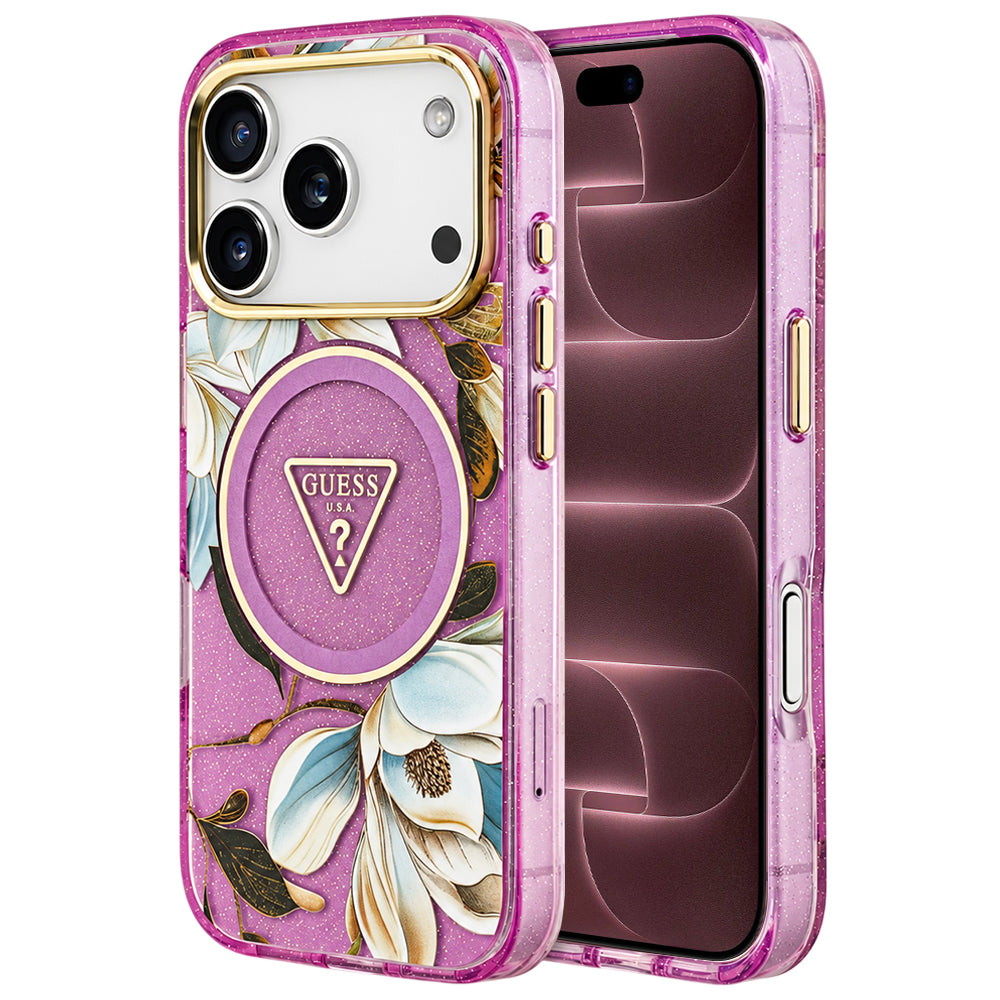 Husa de protectie Guess IML Metal Glitter Flowers Triangle compatibil cu iPhone 18 Pro Max / iPhone 17 Pro Max, Mov