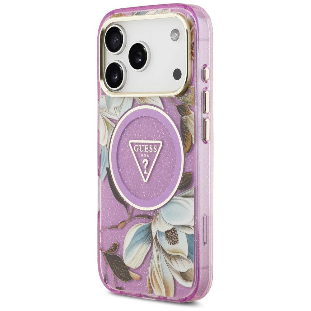 Husa de protectie Guess IML Metal Glitter Flowers Triangle compatibil cu iPhone 18 Pro Max / iPhone 17 Pro Max, Mov