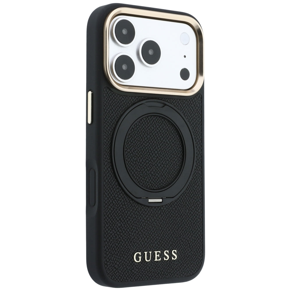 Husa de protectie Guess Grained Leather Ring Stand 360 compatibil cu iPhone 18 Pro / iPhone 17 Pro, Negru