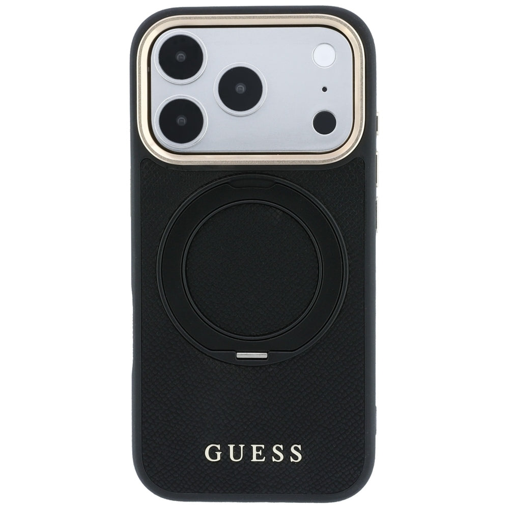 Husa de protectie Guess Grained Leather Ring Stand 360 compatibil cu iPhone 18 Pro / iPhone 17 Pro, Negru