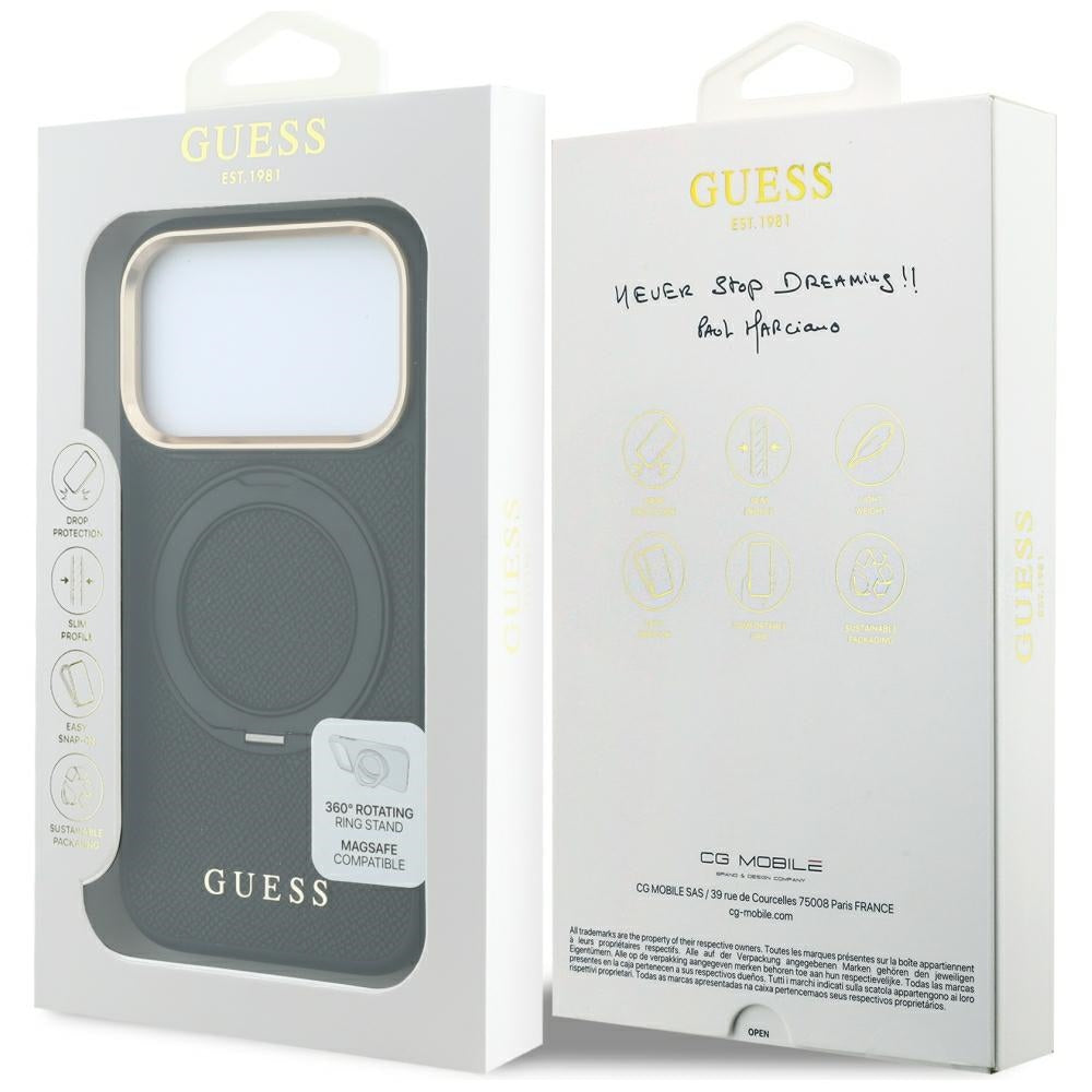 Husa de protectie Guess Grained Leather Ring Stand 360 compatibil cu iPhone 18 Pro / iPhone 17 Pro, Negru