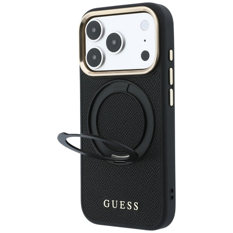 Husa de protectie Guess Grained Leather Ring Stand 360 compatibil cu iPhone 18 Pro / iPhone 17 Pro, Negru