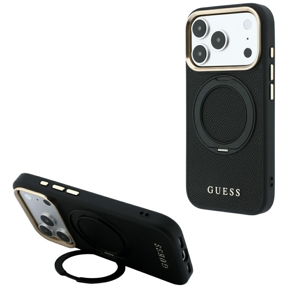 Husa de protectie Guess Grained Leather Ring Stand 360 compatibil cu iPhone 18 Pro / iPhone 17 Pro, Negru