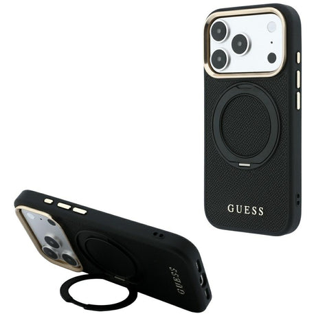 Husa de protectie Guess Grained Leather Ring Stand 360 compatibil cu iPhone 18 Pro / iPhone 17 Pro, Negru