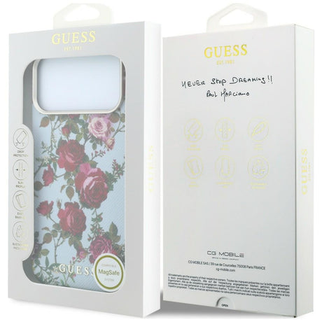 Husa de protectie Guess Blossom Roses Print compatibil cu iPhone 17 Pro Max / iPhone 18 Pro Max, Albastru