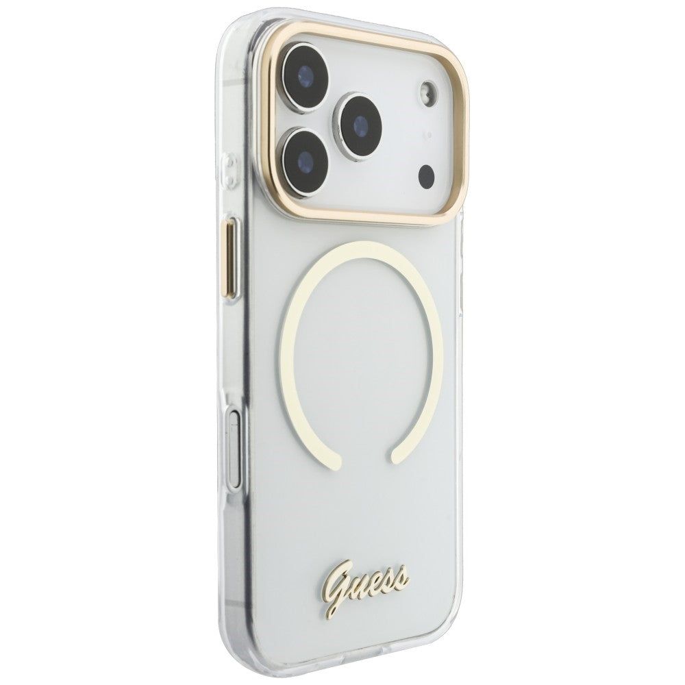 Husa de protectie Guess IML Script Metal MagSafe compatibil cu iPhone 18 Pro / iPhone 17 Pro, Transparent