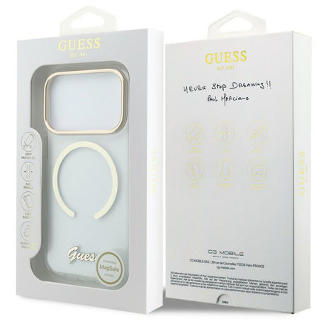 Husa de protectie Guess IML Script Metal MagSafe compatibil cu iPhone 18 Pro Max / iPhone 17 Pro Max, Transparent