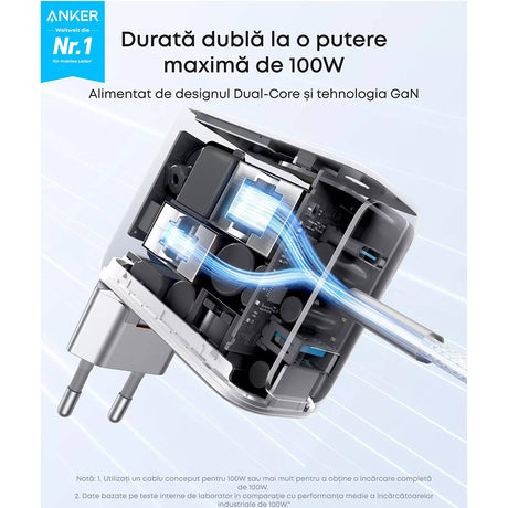 Anker töltő (B121BG41), 2× USB-C + USB, 100 W, gyorstöltés, ezüst színű
